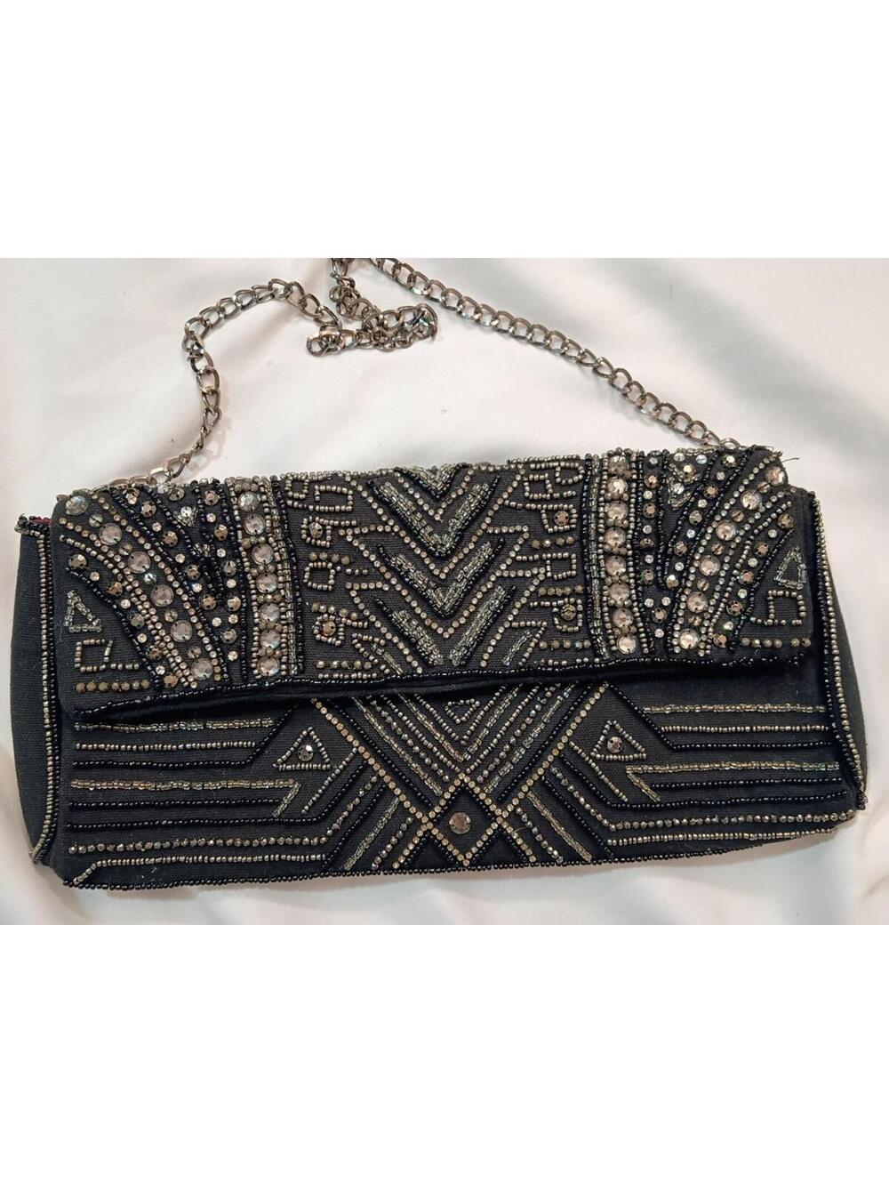 chicos Black Silver Beaded Sequin Geometric Art Deco Chain Strap Shoulder Bag
